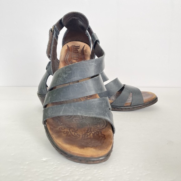 Born Kates Navy Leather Wedge Sandals Womens 8 Hook and Loop Strappy - Picture 1 of 13